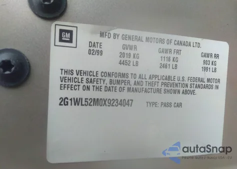 1999 Chevrolet Lumina from USA, damaged, VIN 2G1WL52M0X9234047